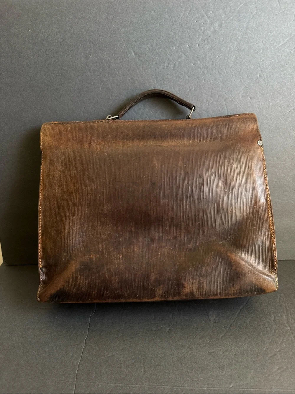 Vintage 1940s Briefcase French Attaché Case Dark Brown Ribbed Distressed Leather